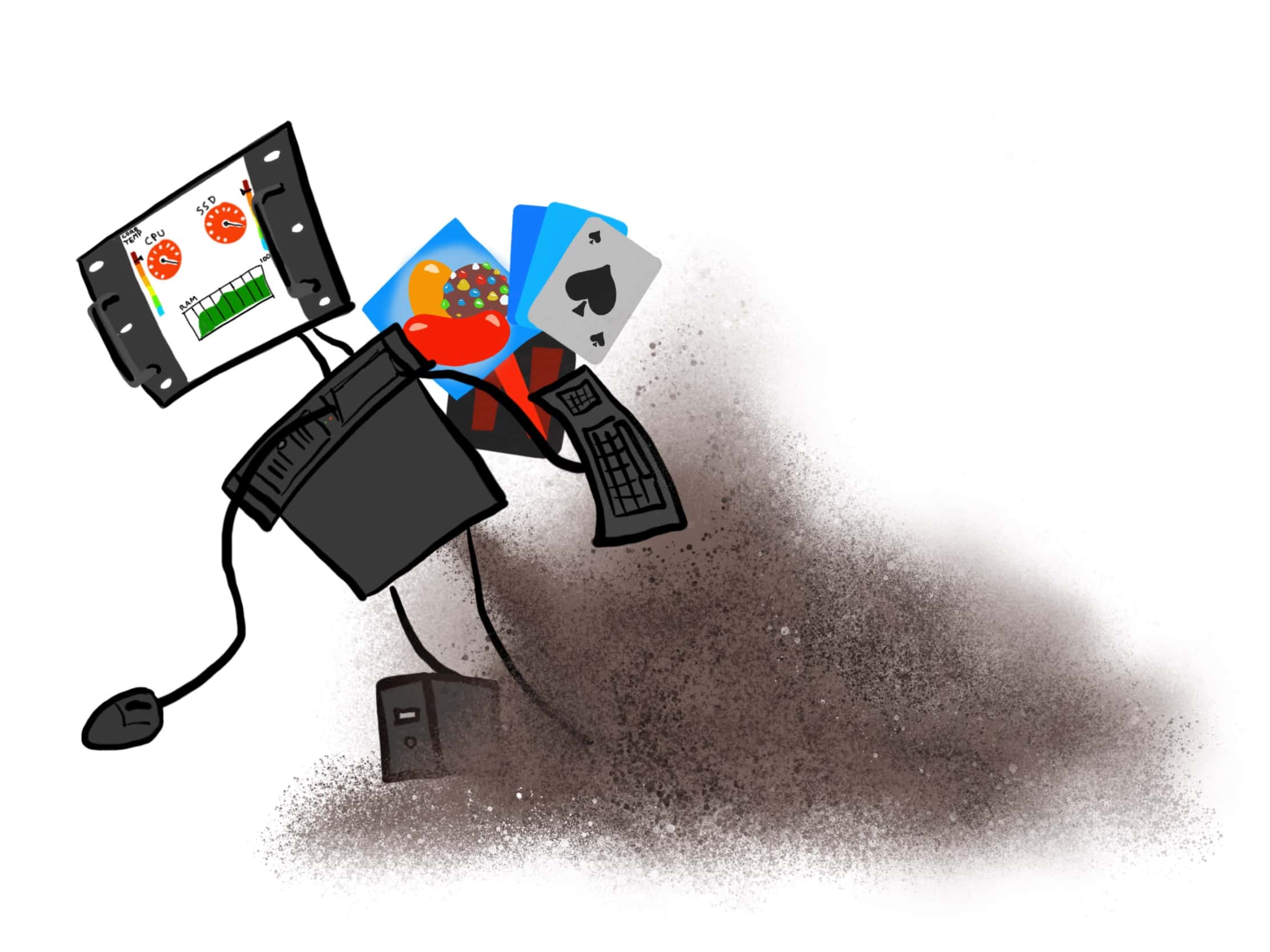 Illustration of a robot constructed from computers and peripherals.