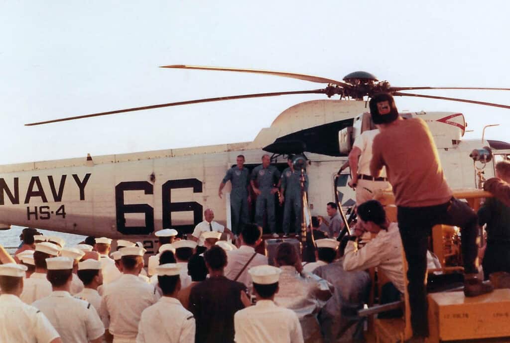 Apollo 10 crew after recovery from Pacific Ocean by USS Princeton