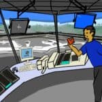 Illustration of a person working inside an Air Traffic Control Tower at a busy airport, using old computers and accessories.