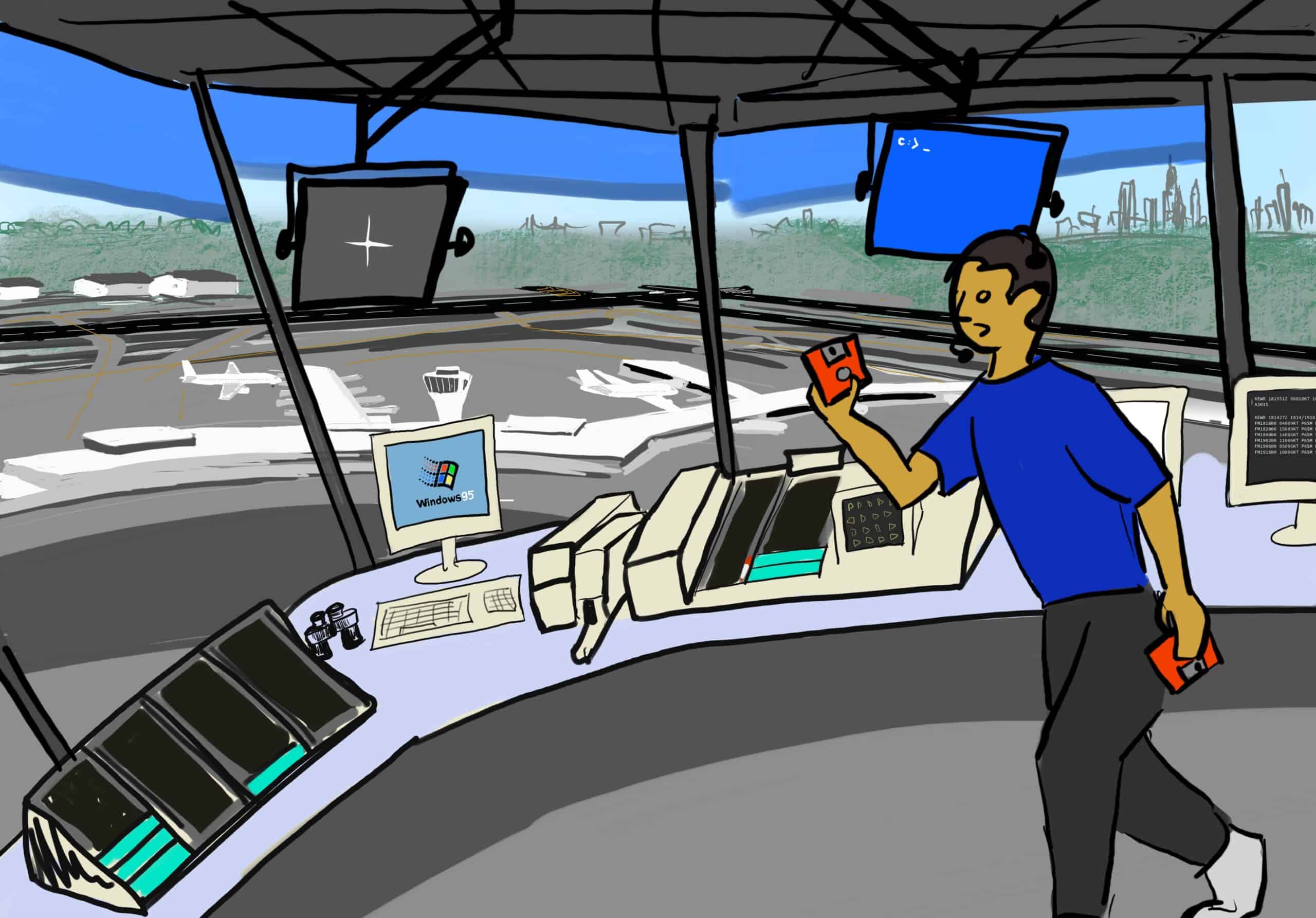 Illustration of a person working inside an Air Traffic Control Tower at a busy airport, using old computers and accessories.