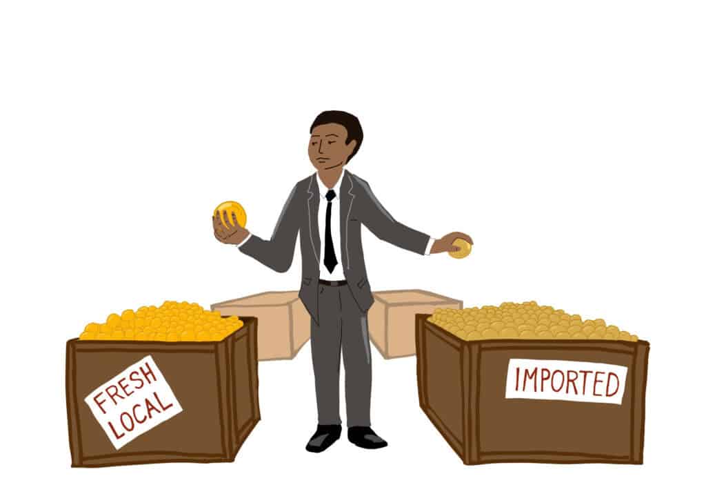 man-choosing-local-product A man considers buying fresher local produce or imported produce, to illustrate why buying American designed and engineered computer hardware is the smart decision.